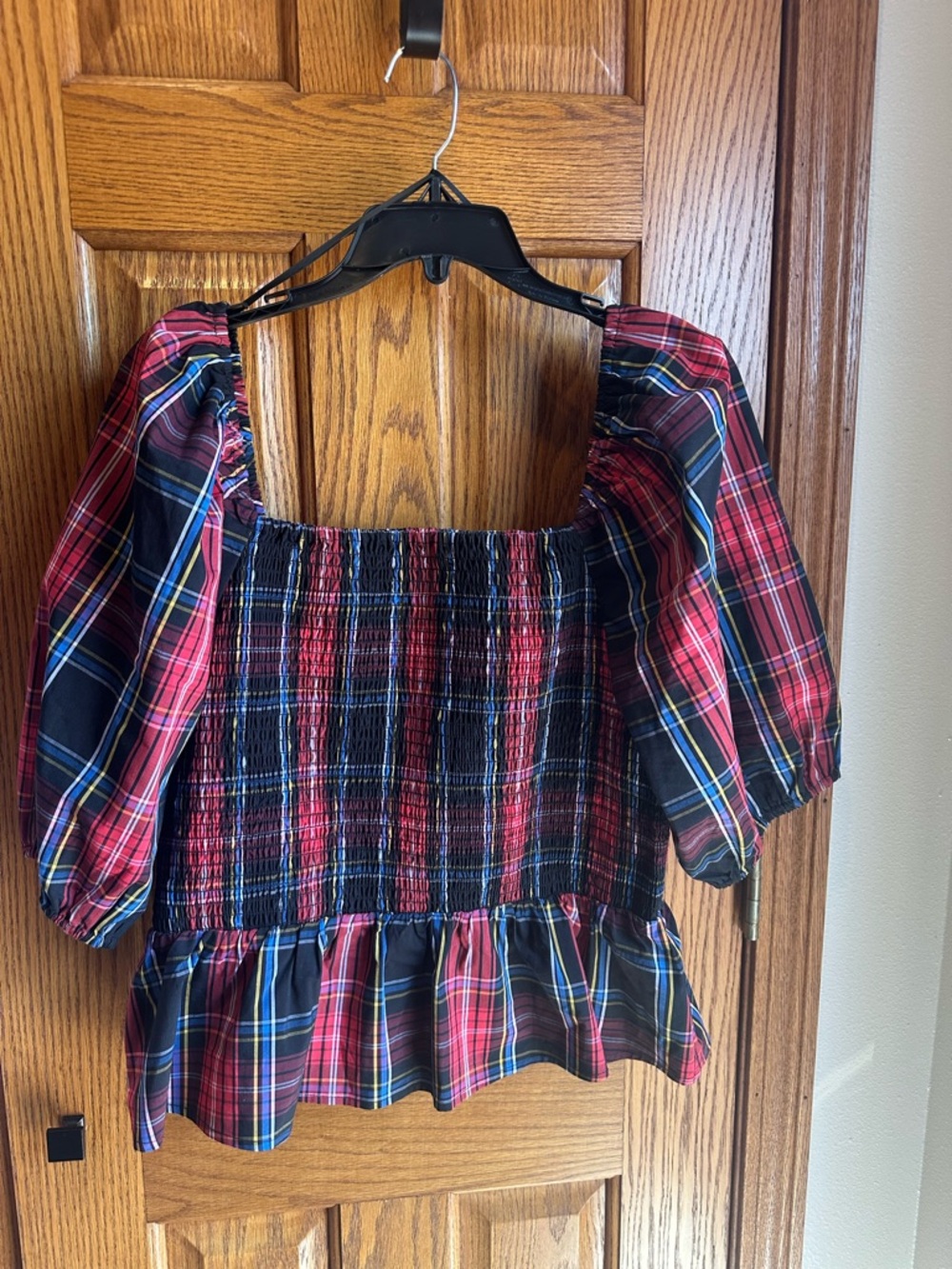 Draper James Elbow Sleeve Smocked Peplum Top Tartan Plaid Size Large